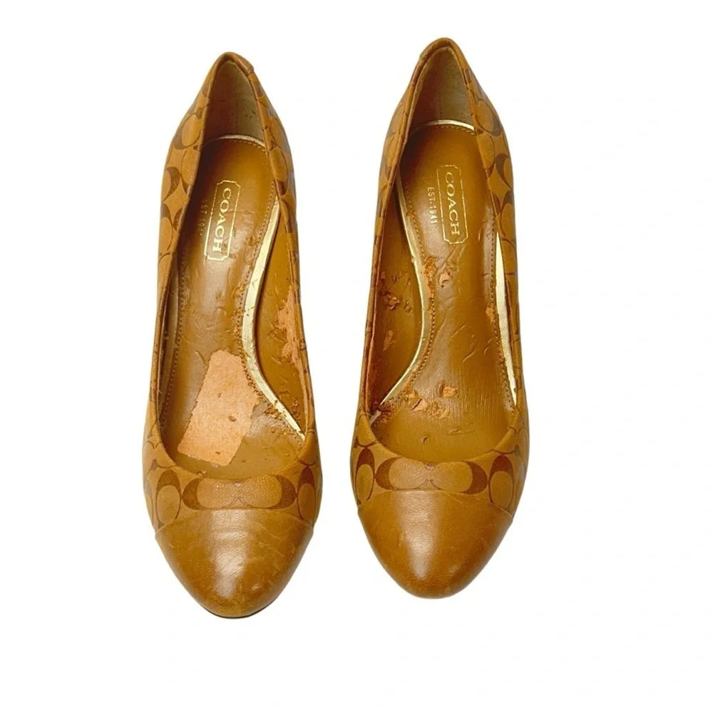 Coach Brown Natassia Heels Pumps Leather Logo Embossed